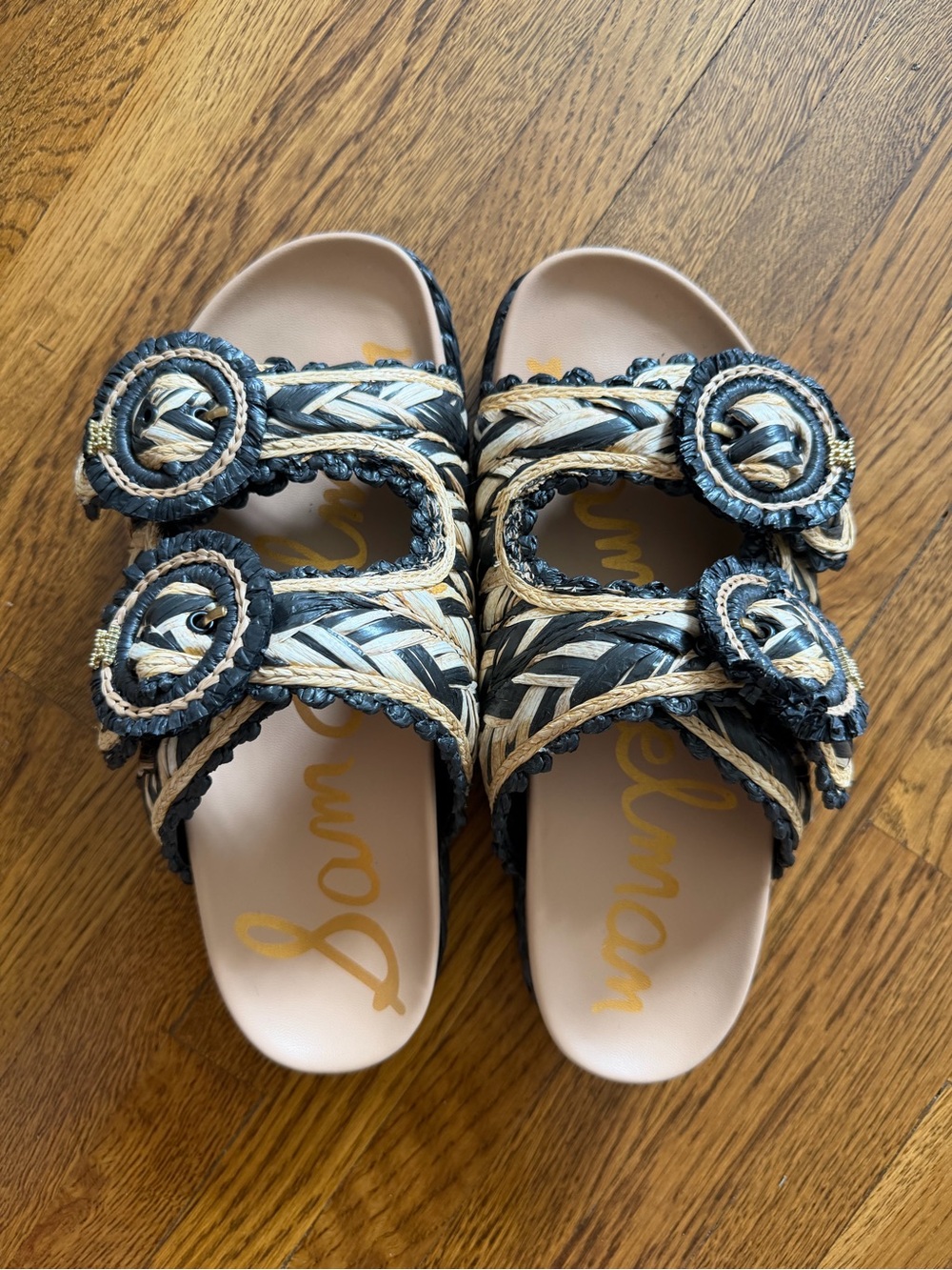 Sam Edelman Black & Natural Braided Double-Buckle Slide Sandals size 7